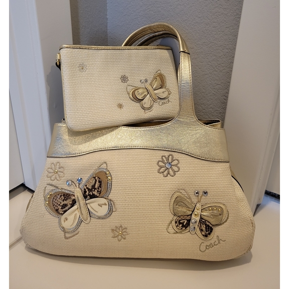 Coach Handbags - COACH LEXI IVORY/GOLD STRAW EMBOSSED BUTTERFLY EMBROIDERY CARRYALL SHOULDER BAG